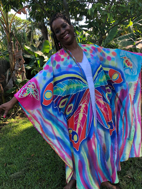 Silk robe with colorful butterflies