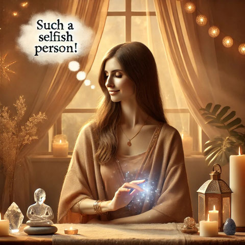 A spiritual healer performing energy work with a calm face while secretly judging the client as selfish, illustrating the risks of receiving energy healing from emotionally biased practitioners.