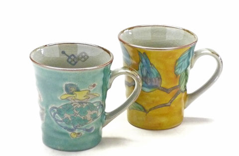 九谷焼 ペアマグカップ 吉田屋万年青&木米写し 裏絵