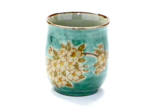 九谷焼【お湯呑】大 しだれ桜 緑塗り『裏絵』