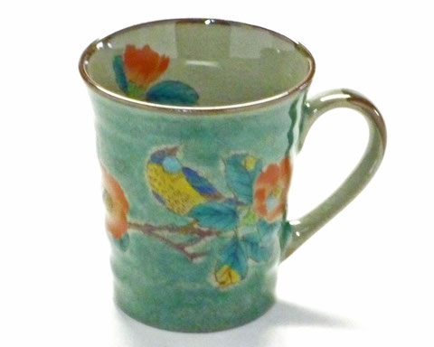 九谷焼【マグカップ】椿に鳥 緑塗り【中絵】