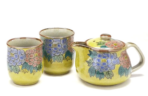 九谷焼【茶器・急須・ティーポット3点セットセット】大 濃い塗り(吉田屋)牡丹【裏絵】