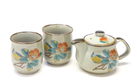 九谷焼【お茶の間3点セット】小 椿に鳥『裏絵』