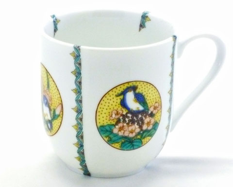 九谷焼【マグカップ】(磁器)丸紋吉田屋花鳥 小紋付 中裏絵