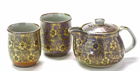 九谷焼 茶器・急須・ティーポット3点セット 大 手打ちピンク粒 裏絵