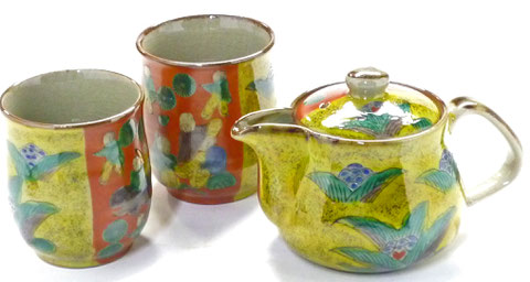 九谷焼【茶器 急須 ポット お茶の間3点セット】小 吉田屋木米ツートン『裏絵』