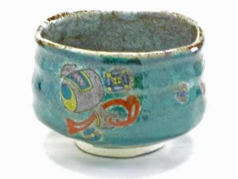九谷焼【抹茶碗】宝尽くし 緑塗り