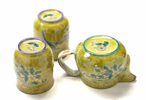 九谷焼【お茶の間3点セット】小 黄塗り金糸梅に鳥『裏絵』