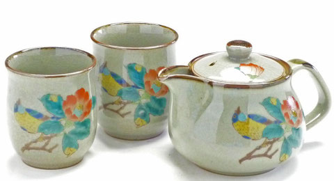九谷焼【急須・茶器・ティーポット3点セット】大 椿に鳥【裏絵】
