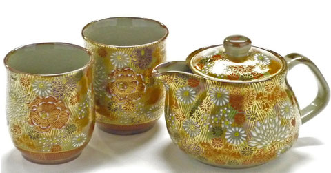 九谷焼【お茶の間3点セット】大 加賀のお殿様・お姫様キブン(金花詰)【裏絵】
