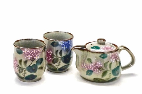 九谷焼【茶器・急須・ティーポット3点セット】小 がく紫陽花『裏絵』
