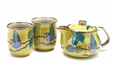 九谷焼【茶器・急須・ティーポット3点セット】大 濃い塗り(吉田屋)花鳥【裏絵】