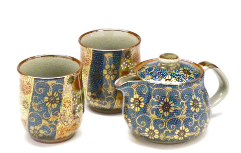 陶器製花柄急須と湯呑みセット