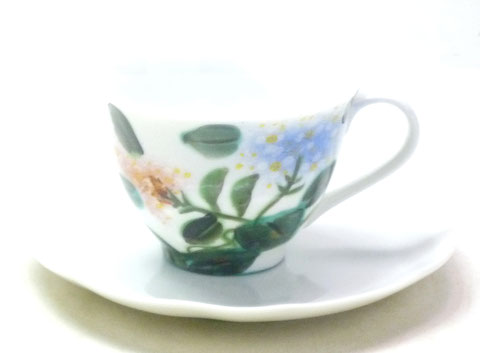 九谷焼 カップ&ソーサー 磁器 がく紫陽花 裏絵