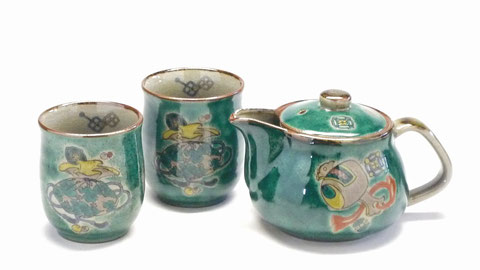 九谷焼【茶器・急須・ティーポット3点セット】大 宝尽くし緑塗り【裏絵】