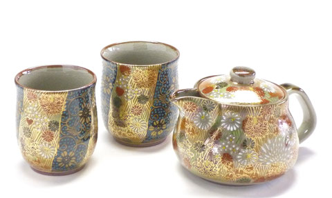 九谷焼【茶器・急須・ティーポット3点セット】大 青粒+金花詰(傑作)【裏絵】