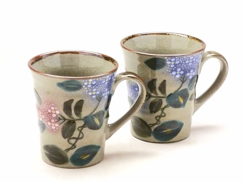 九谷焼 ペアマグカップ 新がく紫陽花ピンク+ブルー&ピンク+ピンク 裏絵