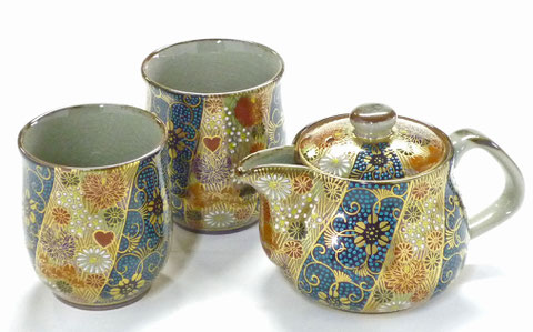 九谷焼【急須 茶器 ポット お茶の間3点セット】小 青粒+金花詰(傑作)『裏絵』