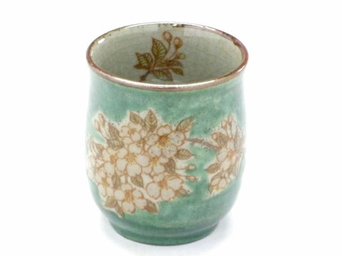 九谷焼【お湯呑】大 しだれ桜緑塗り『中絵』