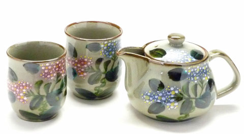 九谷焼【茶器・急須・ティーポット3点セット】大 がく紫陽花ブルー&ブルー【裏絵】