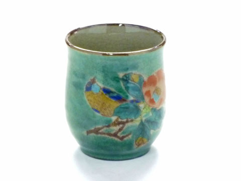 九谷焼【お湯呑】小 椿に鳥 緑塗り【裏絵】