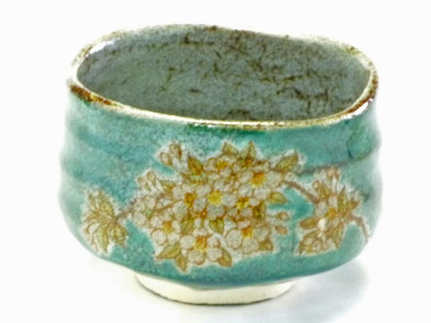 九谷焼【抹茶碗】しだれ桜 緑塗り
