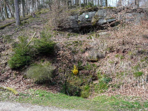 La fontaine de la Vierge (altitude : 210 m). Cette fontaine est en lien marial dans un axe nord-ouest/sud-est, ce qui la relie à la fontaine de Bonne Fontaine.