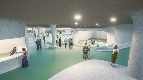 Visualization of the entrance hall. Architectural competition concert hall and music school Braunschweig. Transformation of a former department store. In collaboration with Peter Haimerl. Architektur