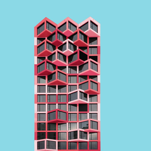 Hochhaus friends München Hirschgarten allmann Sattler Wappner Architekten colorful architecture facade photography inspiration pink red blue 