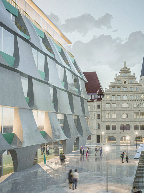 Visualization of the exterior. Architectural competition concert hall and music school Braunschweig. Transformation of a former department store. In collaboration with Peter Haimerl. Architektur