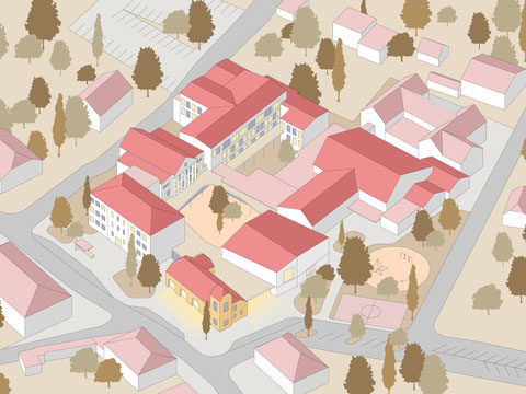 Architectural competition with Caramel architecture. Reuse of an old fire Station in St. Peter lower Austria. axonometric illustration showing the masterplan.