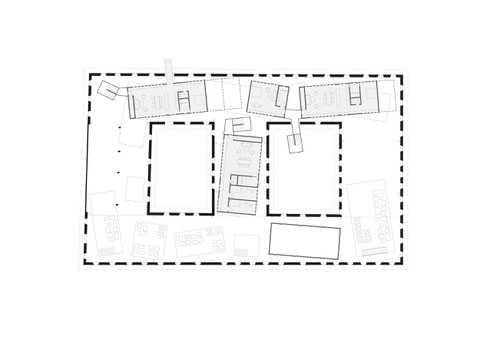 Floorplan drawing. Radical transformation of an historic farm building in Upper Austria. Use of prefabricated, modular wooden architecture. Umbau eines Vierkanthofes. 