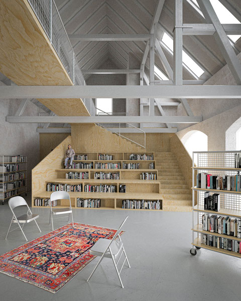 Architectural competition with Caramel architecture. Reuse of an old fire Station in St. Peter lower Austria. Interior visualization showing the new library in the existing structure with wooden and aluminium furniture in an raw industrial style.