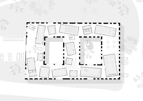 Floorplan drawing. Radical transformation of an historic farm building in Upper Austria. Use of prefabricated, modular wooden architecture. Umbau eines Vierkanthofes. 