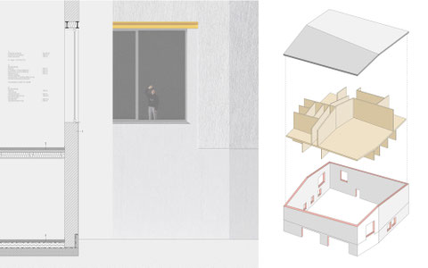 Architekturwettbewerb bildungs- und Kulturcampus st peter Au gemeinsam mit Caramel Architektur. Umnutzung des alten Feuerwehrhauses. Inforgrafik Bauweise nach dem Prinzip Einfach Bauen mit einschichtigen monolithischen Bauteilen und Holzbauweise.