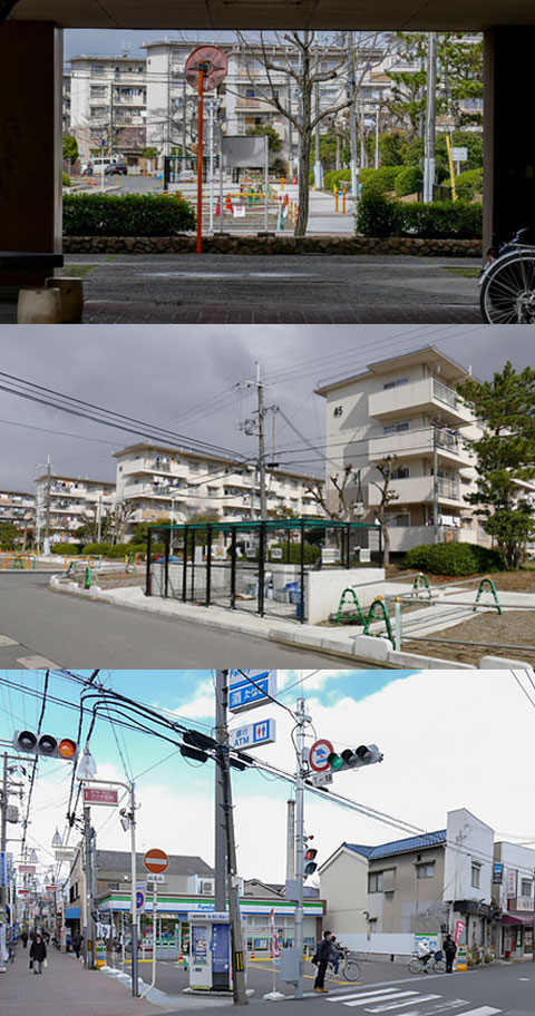 27号館から45号館方向は縁石が拡充され、ごみ置き場が新設。写真下段は安川米穀店とタバコ屋のあった交差点。アーケードが飲み込まれた形。