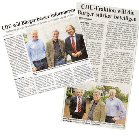 Die neue Spitze der CDU-Fraktion Neukirchen-Vluyn: Klaus Franzen (Vorstand), Markus Nacke (1. stv. Vorstandsvorsitzende), Günther Fesselmann (2. stv. Vorstandsvorsitzende)