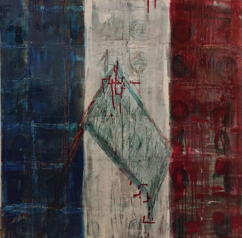 Wir weinen 2015 mit den Menschen in Frankreich! 13.01.2015. 0.80m x 0,80 m. Acryl auf Leinwand hochglänzend mit Lasurharz versiegelt.