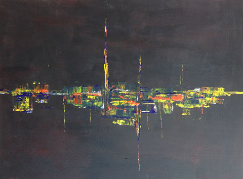 Stadt oder Abstrakt USA (2015) 0.80 m Breite x 0,60m Höhe , Acryl Spachtelarbeit auf Leindwandpappe