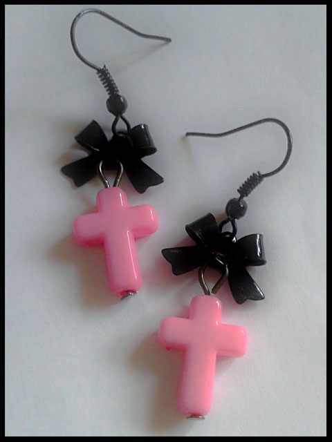 Pink Cross Earrings with Black Bows