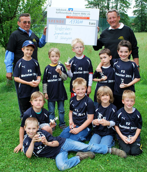 Siegfried Metz (li.) überreicht den Scheck an Peter Oberndorfer. Die Jungs der F2 freuen sich.