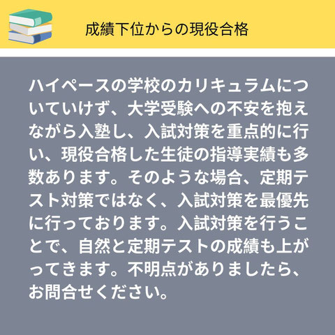 成績下位からの現役合格。ハイペースの学校のカリキュラムについていけず、大学受験への不安を抱えながら入塾し、入試対策を重点的に行い、現役合格した生徒の指導実績も多数あります。