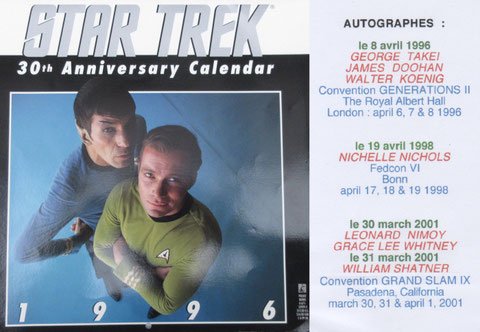1996 30th Anniversary Calandar, 7 autographs (1996, 1998 & 2001)