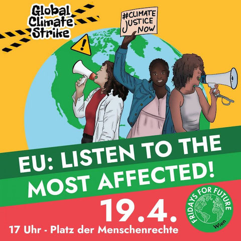 Plakat von Fridays for Future: 19. 4. 17 Uhr Platz der Menschenrechte Wien