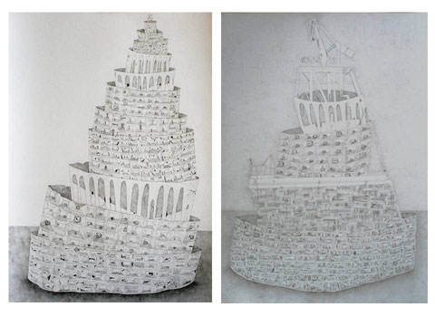 左:"バベルの塔/The Tower of Babel"     2009      右："建造物/The Structure     2010         70x50cm(各/each)     鉛筆、画用紙/Pencil on paper