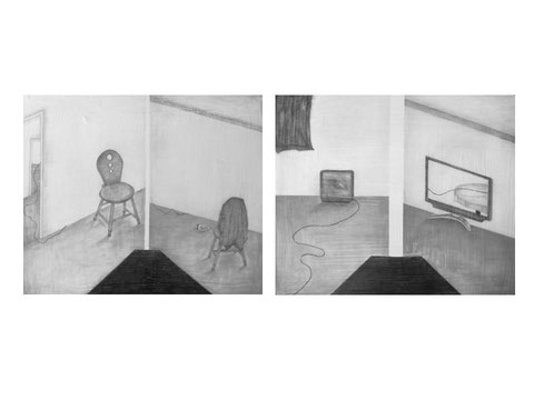 室内空間　　2013　　鉛筆、ジェッソ、パネル/Domestic space  2013  pencil,gesso,panel      23x27cm(各・each)