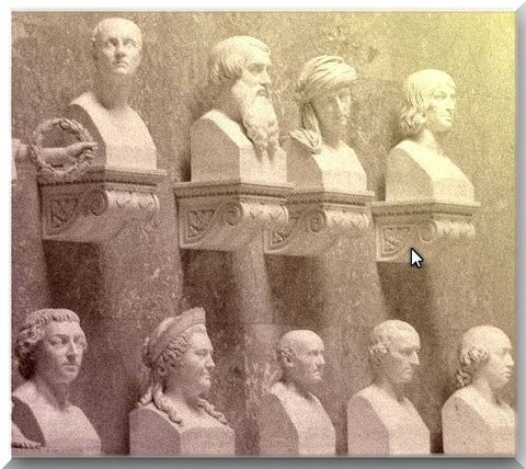 Museal platzierte Stein- oder Gipsköpfe von deutschen "Geistesgrößen" in der Walhalla bei Regensburg