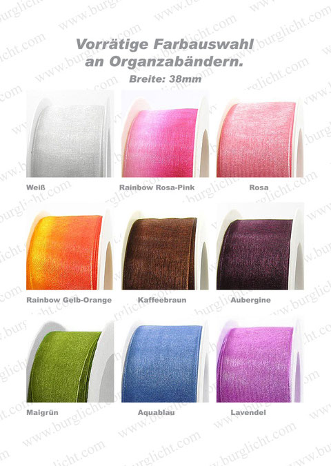 Vorrätige Organzabänder mit Drahtkante in 9 Farben, Breite 38mm.