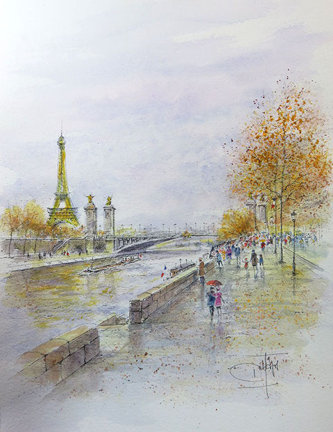 ギィ・デサップ　パリ、アレクサンドル3世橋とエッフェル塔　水彩画　41cm x 31cm