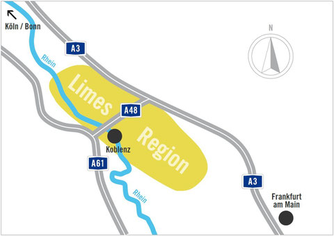 Die Limes Region liegt im Dreieck zwischen Frankfurt am Main, Koblenz und Köln/Bonn